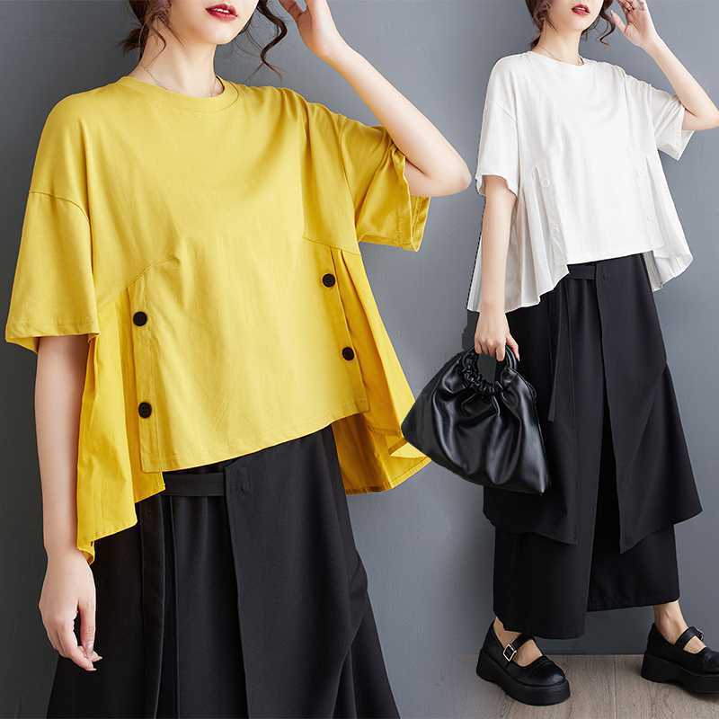 可愛いフリル新型韓国大きいサイズ ゆるいファットマミー半袖着痩せプリーツ tシャツ