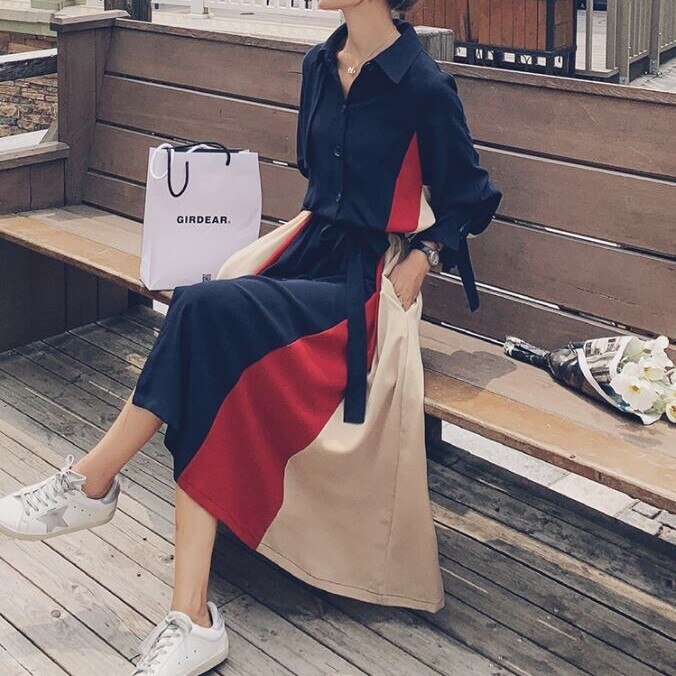 レトロ風 ワンピース 長袖 春 秋 きれいめ シャツワンピース Aライン フレア 9分丈 アンクル丈 襟付き 角襟 フレア 細身 裾ワイド ウエストリボン ポケット 前開き ネイビー S M L ジャ