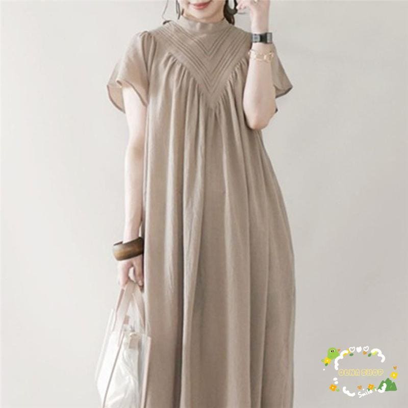 ワンピース ミモレ丈 半袖 レディース 大人 春 夏 ロング チェック柄 マキシ丈 ドレス シンプル きれいめ ロングワンピース 体型カバー