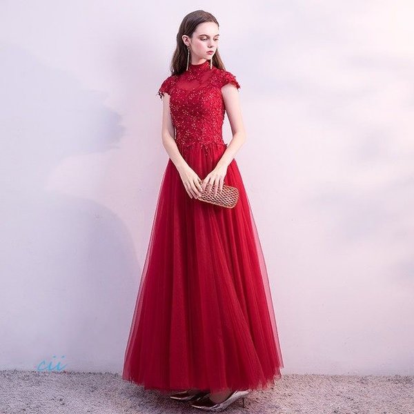 ロング丈ドレス 結婚式 二次会 宴会 ドレス チュール パーティードレス キレイめ 立ち襟 高級 イブニングドレス ワイン お呼ばれ