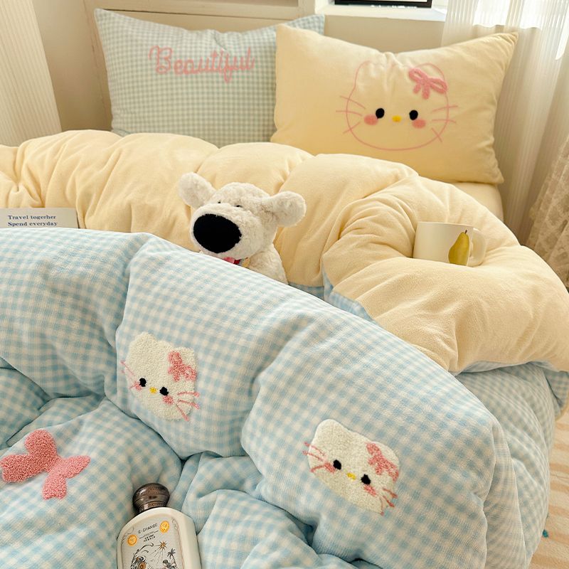 タオル刺繍ミルクレーヨン4点セット冬の厚手サンゴレーヨン布団カバーベッドシングル保温寮ベッド3点セット