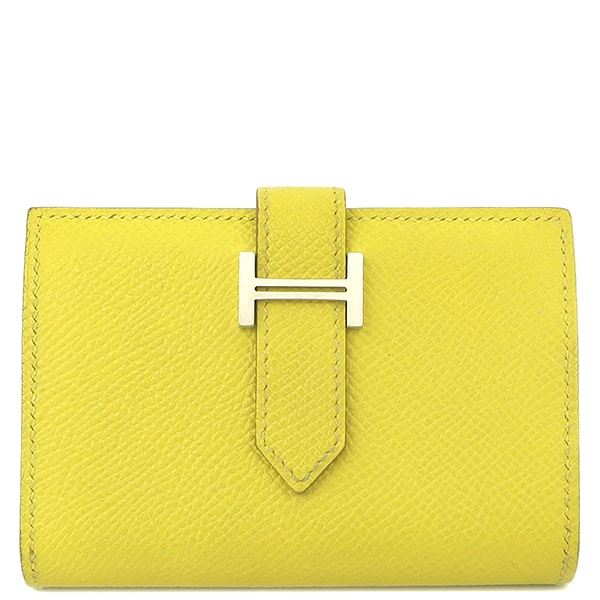 エルメス HERMES 二つ折り財布 ベアンミニ コンパクト財布 コインケース ヴォーエプソン ライム シルバー金具 黄色 名刺入れ B刻印（2023年製）【中古】