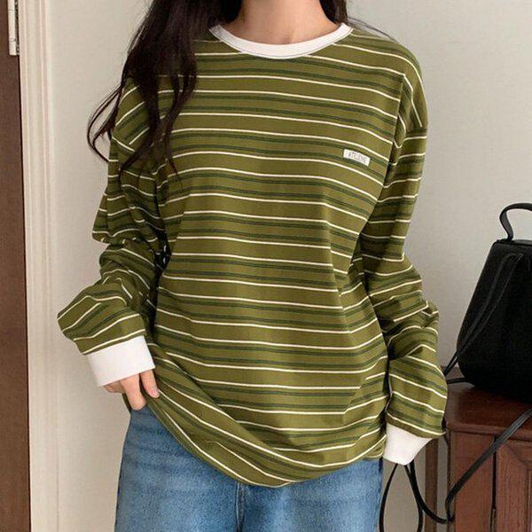 (T)フレンチ段唐長袖Tシャツ 春 女性 Tシャツ 長袖