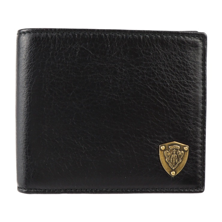 超美品 GUCCI グッチ 二つ折り財布 203601 札入れ クレスト レザー ブラック ゴールド金具 本物保証 中古