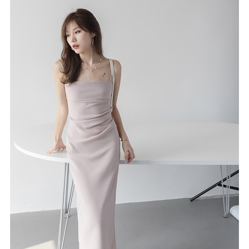 Mzomxo 高伸縮性着痩せ重いカチオン性の乱雑な夏の気質シンプルでスリムなロングサスペンダードレス