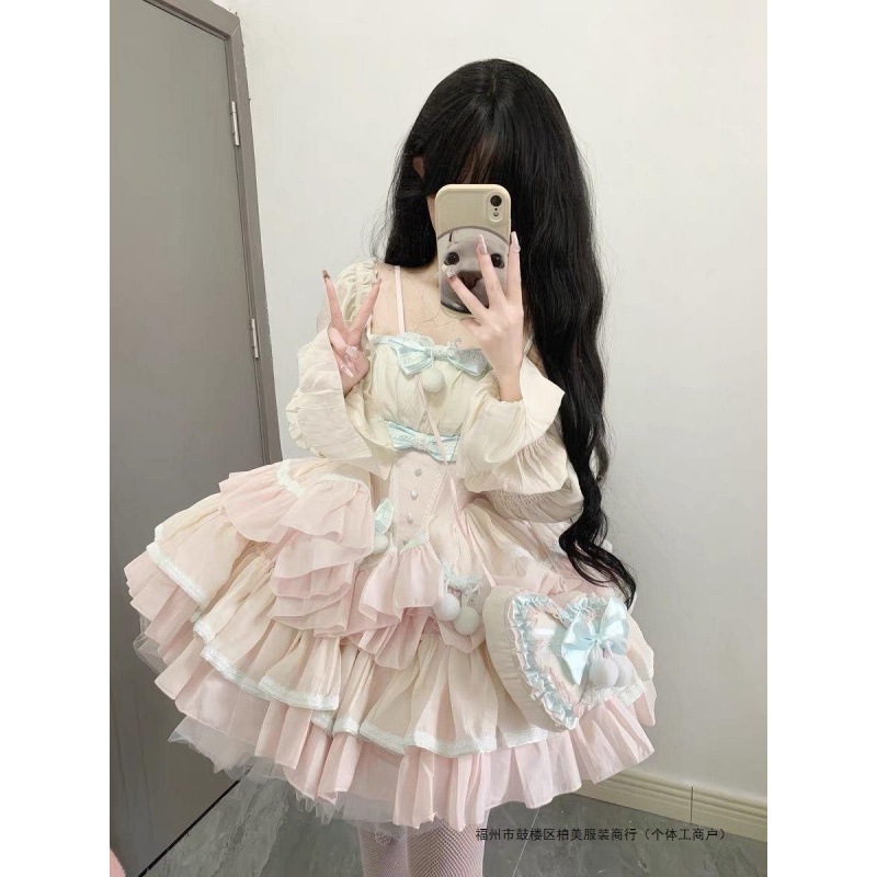 ロリータ 甘さ減齢ロリータ姫スカート重さ重さ少女感リボン衝突色ピンインウエスト洋風ポンポンスカート女