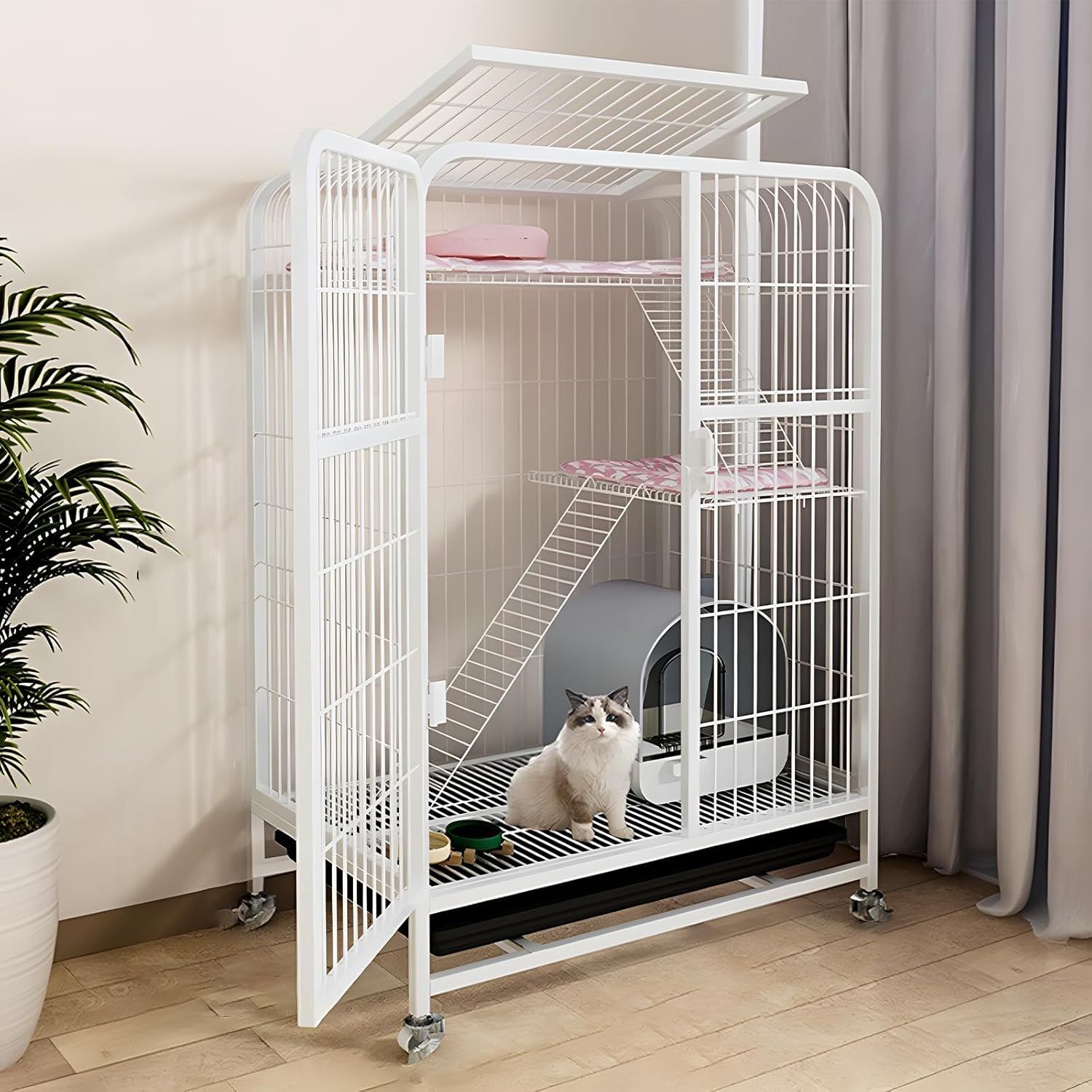 猫ケージ 猫用ケージ 猫ハウス サイズ：78x55x108cm 室内用猫のゲージ 大きめ動物ケージ 大型猫用ケージ 多頭飼い猫 移動便利 組立簡単 取り外し可能なペット用品 室内飼い （ホワイト ） 8,919円