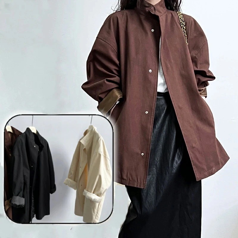 【SNS大人気】新品　秋物　レディース　ジャケット　シャツ　ひざ丈　コート　トレンチコート　ファッション　アウター スプリングコート テロンチ　ロング丈　 体型カバー 20代 30代 　40代　 通