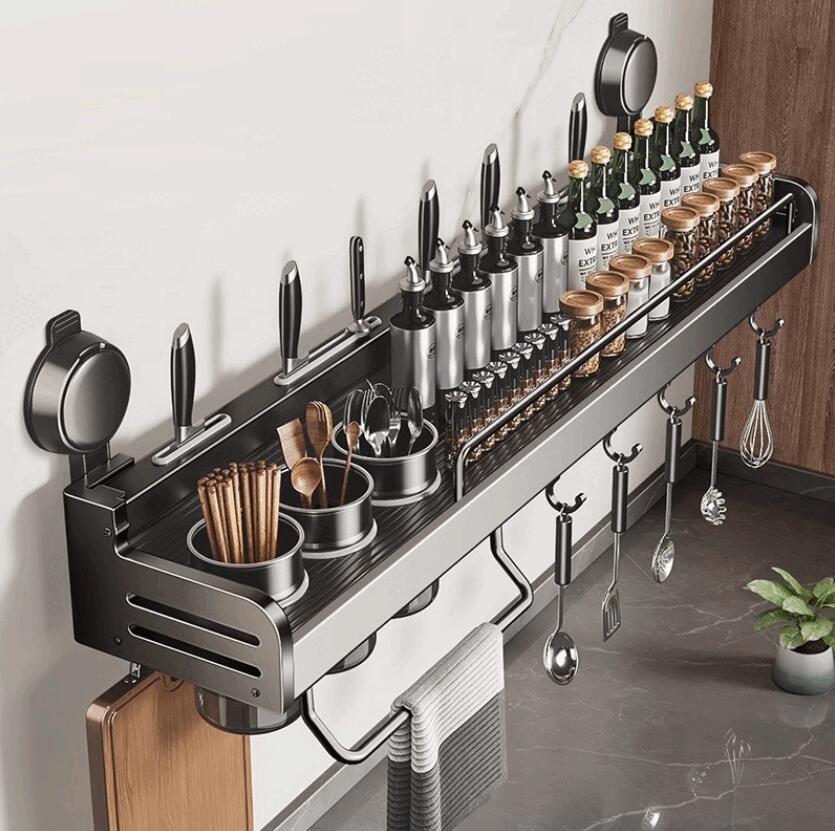 【吸盤式】キッチン収納 壁掛け 調味料ラック 一体型 包丁立て スパイスラック フック付き 省スペース グレー 簡単お手入れ 無孔取り付け