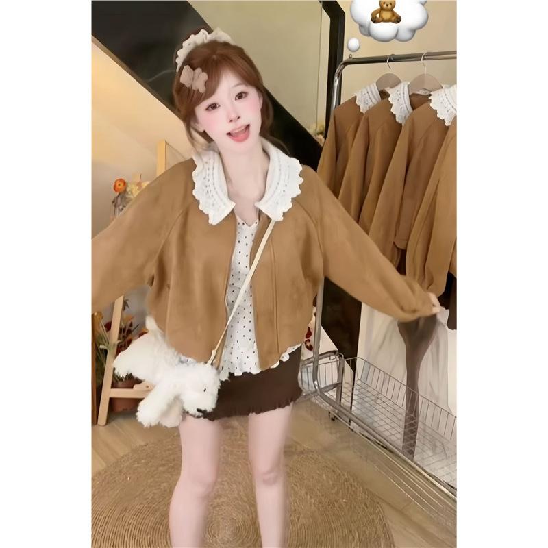女性用スエードショートジャケット秋冬ゆったりと甘いサーマルプチ女性へのギフトニッチスリミングカーディガントレンディ サマセット 中野 一花 コスプレ レディース ニット スタンドネック