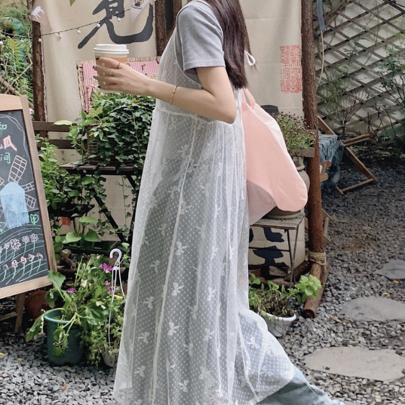 韓国スタイル リボン レイヤード レース ロングワンピース