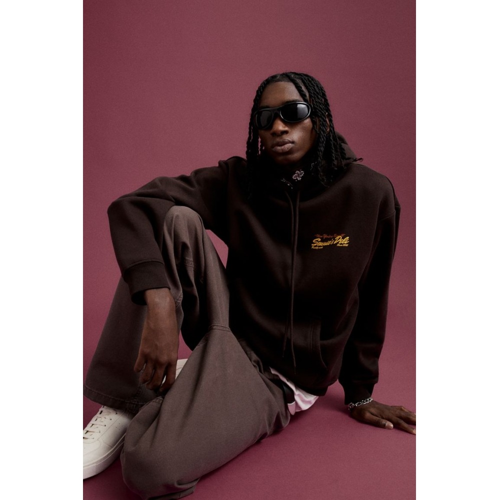 H&M ルーズフィットプリントフーディーブラウン/サニーズデリ