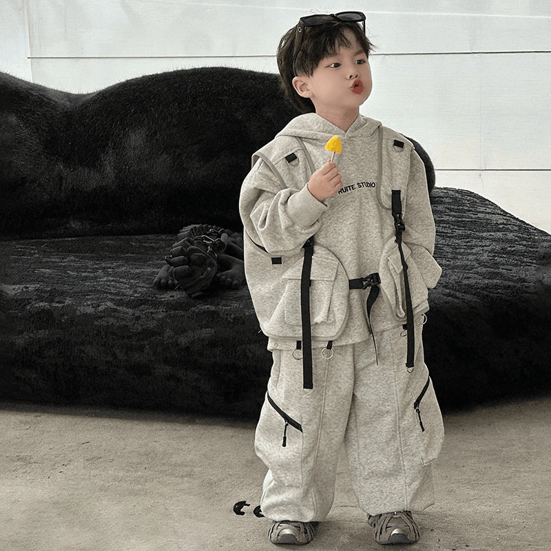 キッズセット 韓国ファッション ベスト/パーカー/スウェットパンツ 3点セット 春新作 カジュアル 子供 上下セット 男の子 フード付きスウェット セットアップ