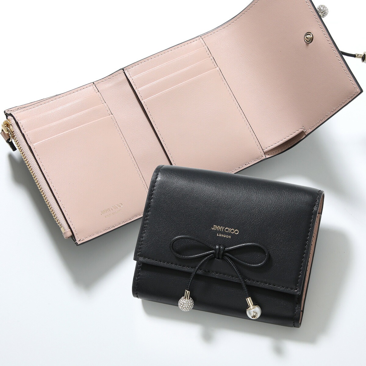 Jimmy Choo ジミーチュウ 三つ折り財布 MARINDA KHY マリンダ レディース レザー クリスタル パール リボン ミニ財布 BLACK/MACARON/LIGHT-GOLD