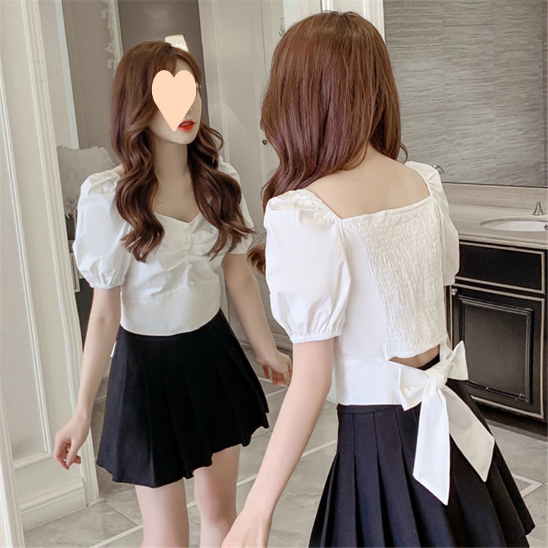 【1つ買うと10つ無料】女性のための短いスリムシャツ2025夏のスタイルの白い正方形の襟美しいバックボウ