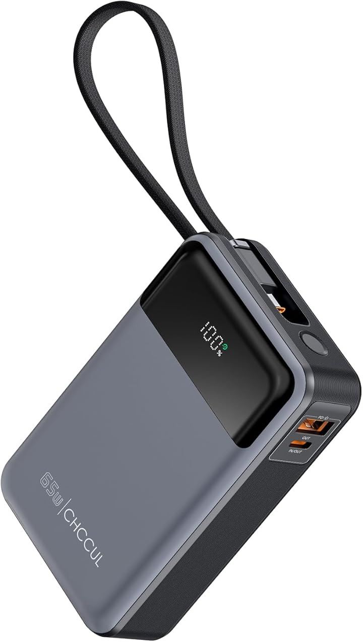 モバイルバッテリー 大容量 20000mAh 65W 急速充電 LEDディスプレイ搭載 USB-Cケーブル内蔵 一体型3台同時充電 x 1USB-A 1USB PD/PD3.0/