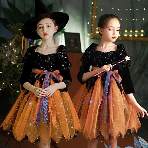 ハロウィン仮装 魔女コスチューム ワンピース 帽子 ストラップ 魔法の杖 5点セット キッズ コスプレ衣装 女の子 ダンス パーティー ドレス