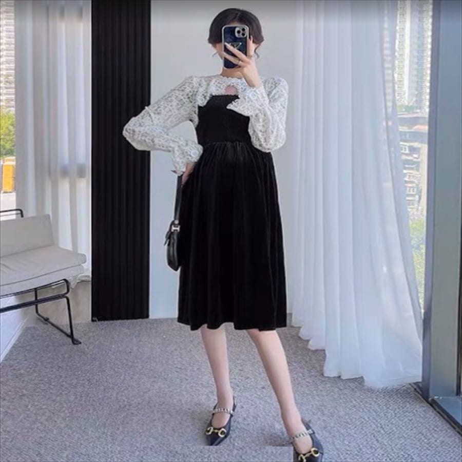ロングドレス ドレス dress 衣装 ワンピース パーティードレス パーティドレス ロング ロング丈 ひざ丈 膝下 袖あり 長袖 クルーネック Aライン フレア ドッキング 異素材切り替え