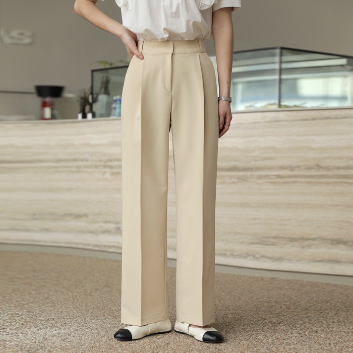 [韓国ファッション] ハイウエスト フロントタック ワイドストレート ストレッチスラックス