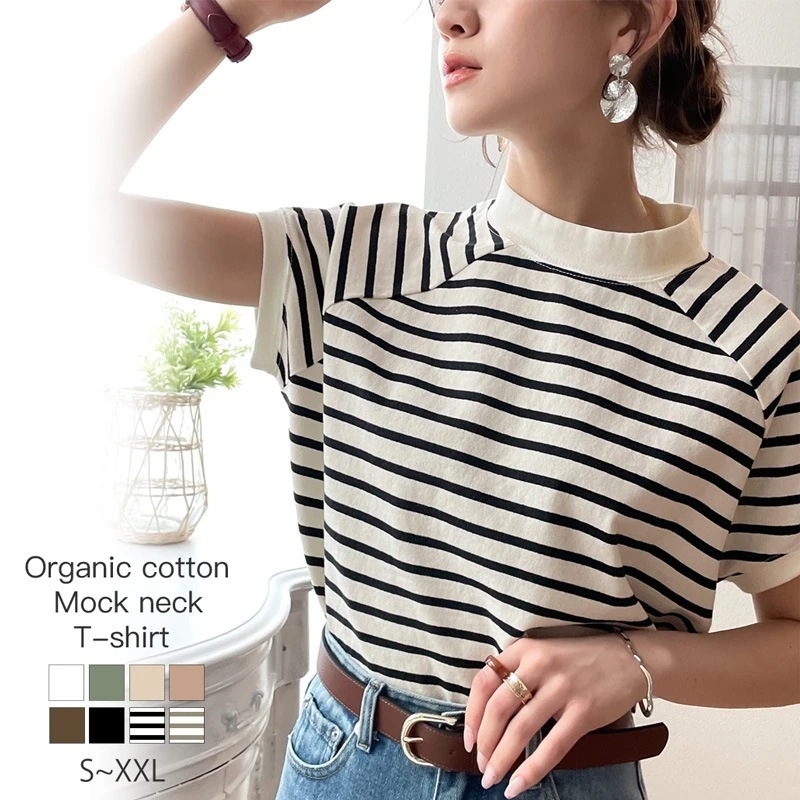 綿 コットン トップス シャツ シャツ 半袖 フレンチ モックネック ラグラン ヘビーウェイト 厚手 ゆったり カジュアル レディース トップス ボーダー 無地 大きいサイズ30%までに制限