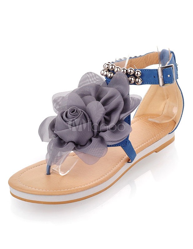 青い花ビーズ繊維が女性のためのフリップフロップをひもつま先サンダル