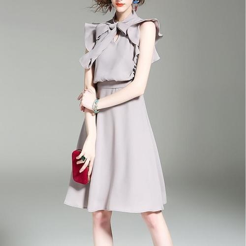 1532.ボウタイフリル袖ドレス（グレー） 2019 春夏 sale お呼ばれ 結婚式 披露宴 結婚パーティー パーティー 女子会 レストラン 食事会