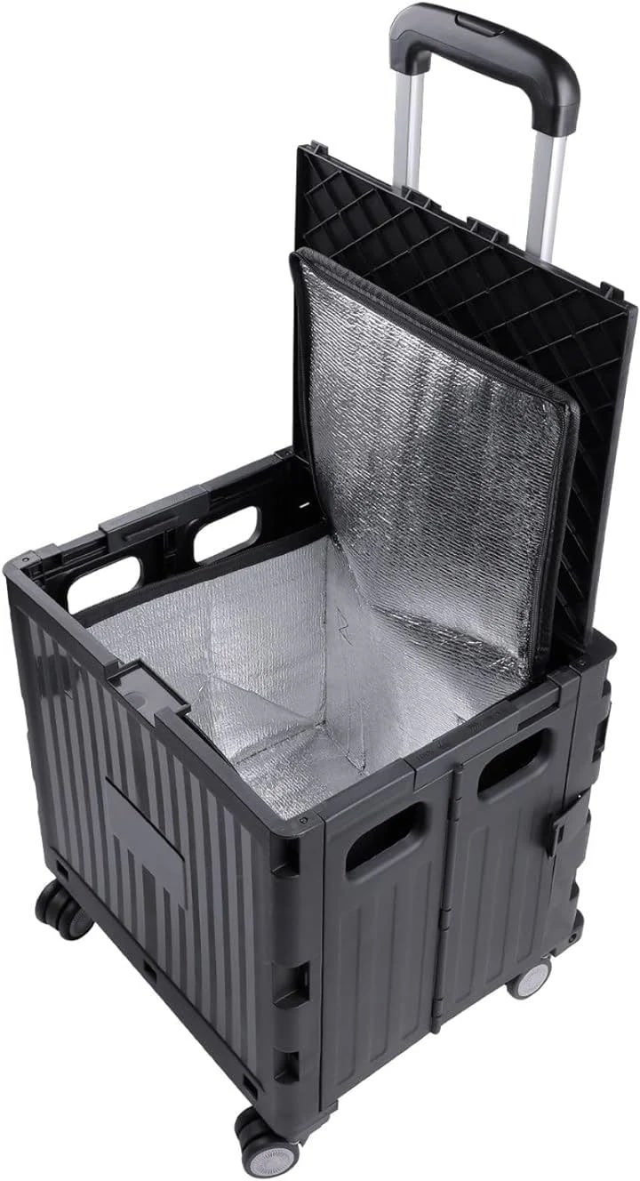 キャリーカート ショッピングカート 保冷バッグ付き 折りたたみ 4輪 50L コンテナキャリーカート 耐荷重40kg 買い物カート 360回転 軽量(ブラック)