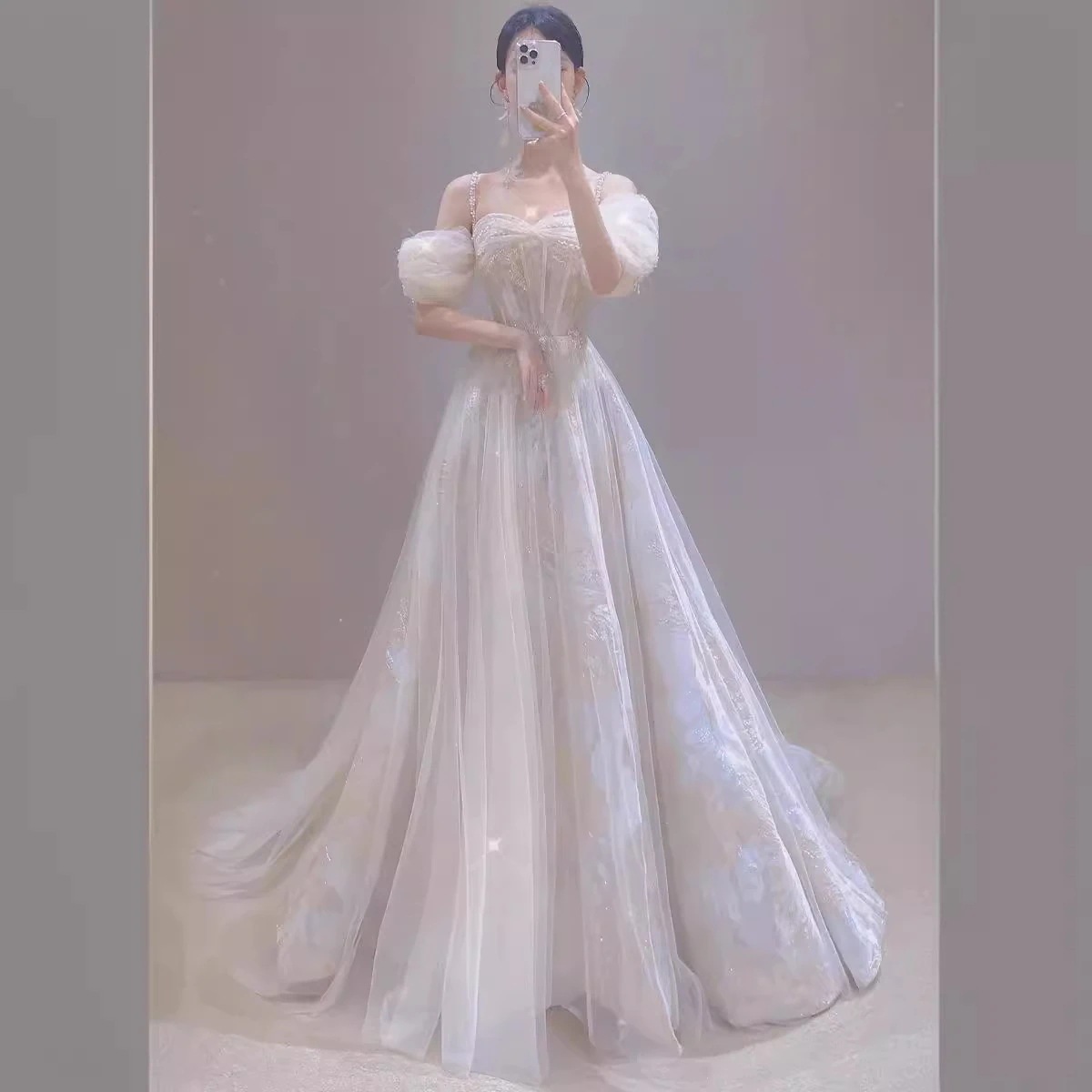 ロマンチック フェアリー お色直しドレス 新婦 婚約 軽奢侈 個性的 ウェディング 披露宴 バースデー オフショルダー イブニングドレス