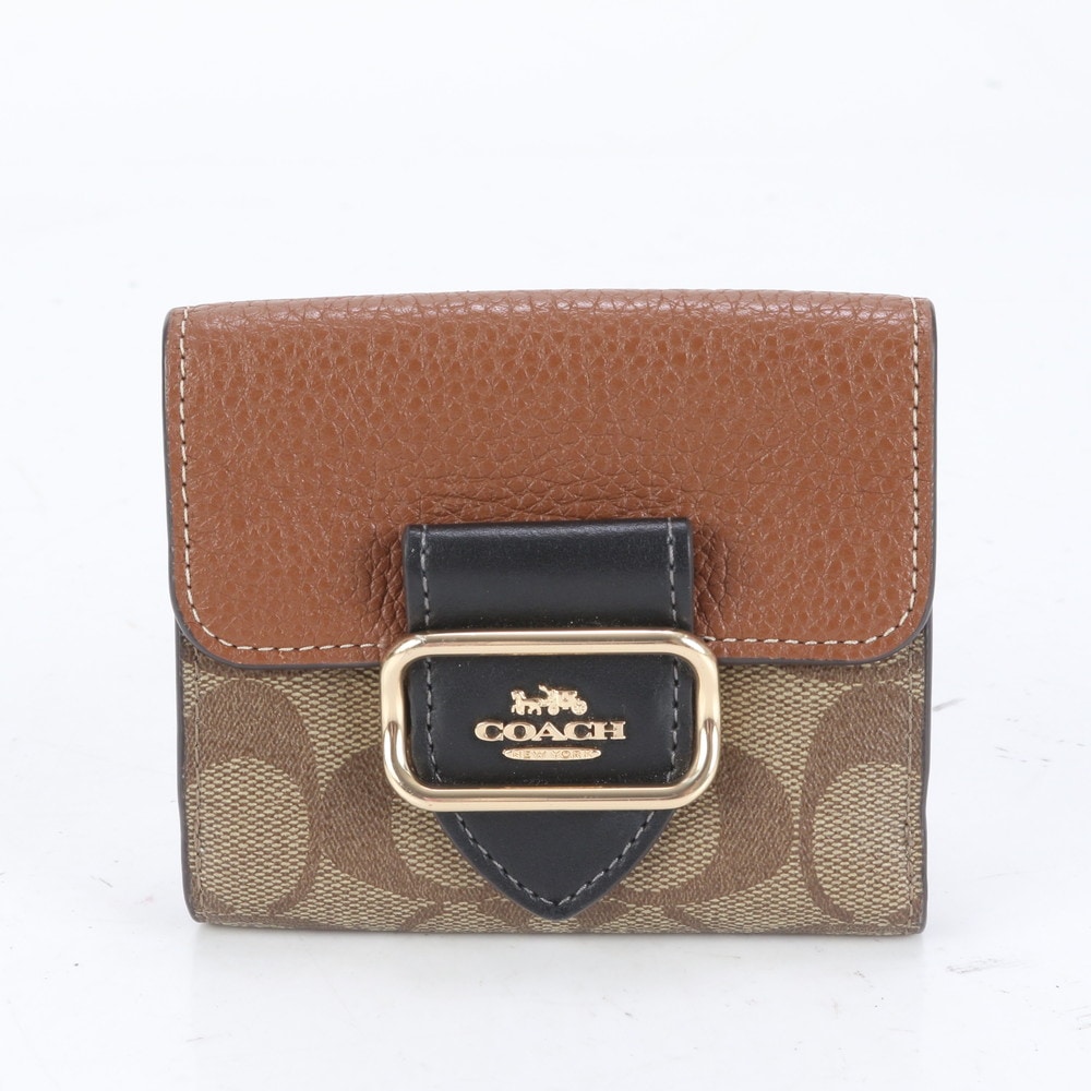 極美品 シグネチャー CF472 レザー×コーティングキャンバス 二つ折り 財布 長財布 二つ折り 三つ折り コンパクト ウォレット ラウンドファスナー ブラウン 茶色 レディース EUM CP18