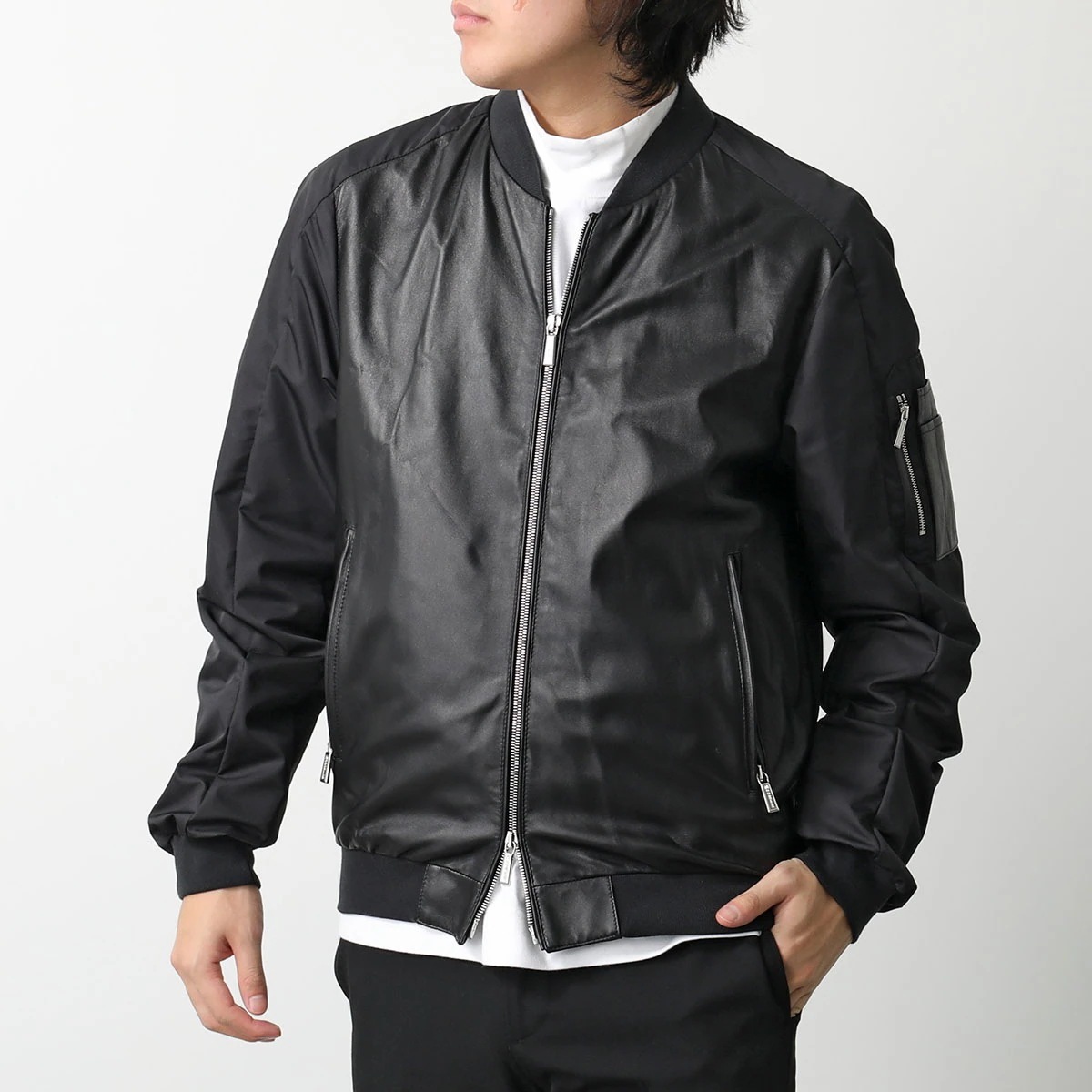 MOORER ムーレー ボンバージャケット EDISON PEK エジソン メンズ レザー×ファブリック ジップアップ ブルゾン 撥水 NERO 【mega】