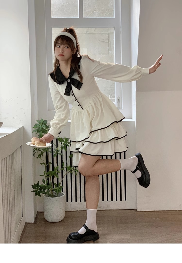 大きいサイズ 女性 甘い ケーキ スカート 女性 春 ハイウエスト プルオーバー 白い ドレス ワンピース ミニ ミニ丈 ショート ショート丈 袖あり 長袖 襟付き かわいい おしゃれ お洒落