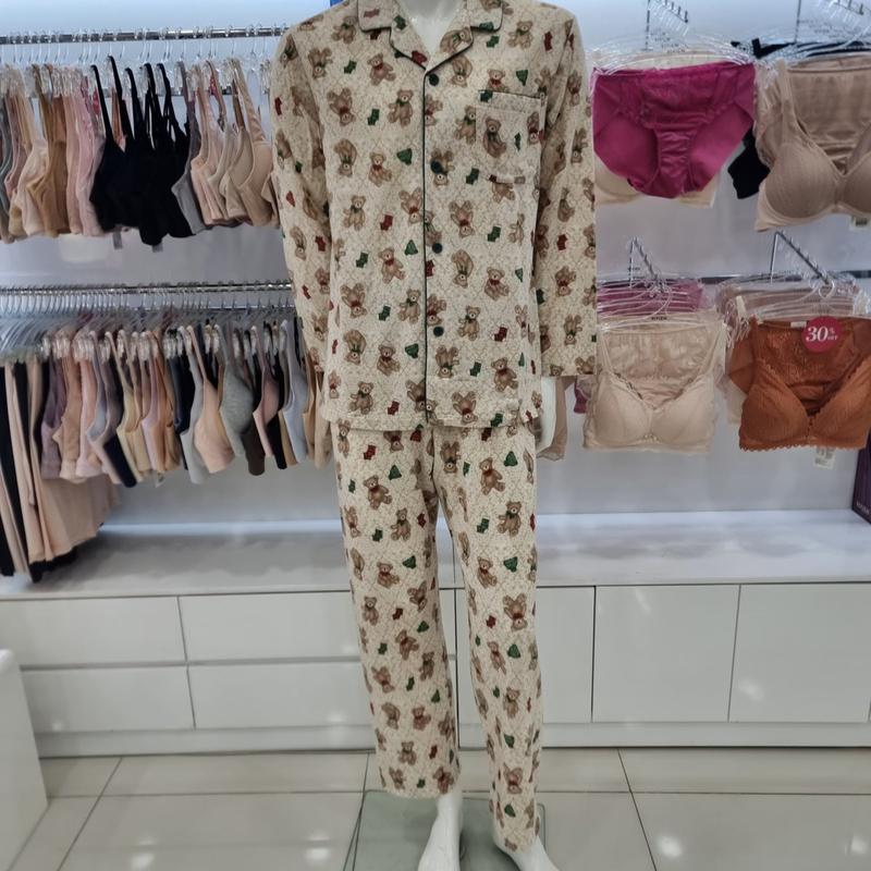 厚手のポリ起毛クマプリント男性パジャマセット