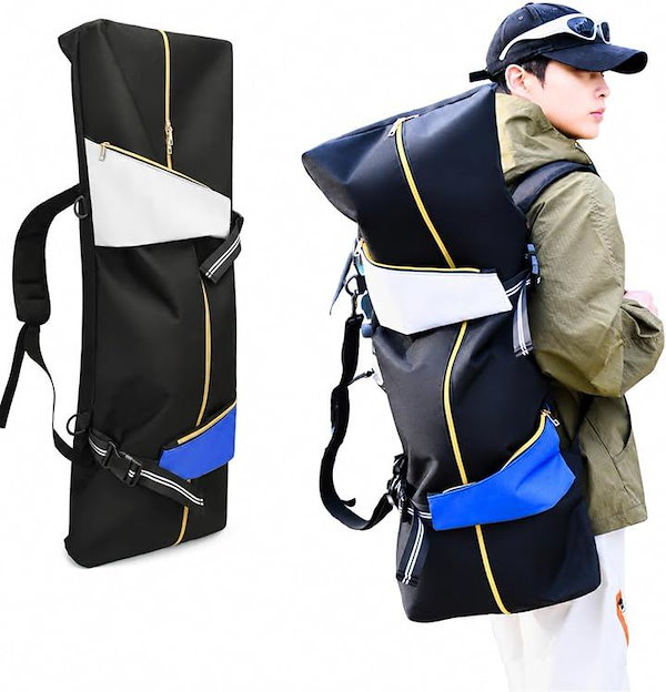 スケートボード ケース リュック型 スケボーバッグ (ブラックxブルー（新モデル）, 90cm x 32cm x 10cm)