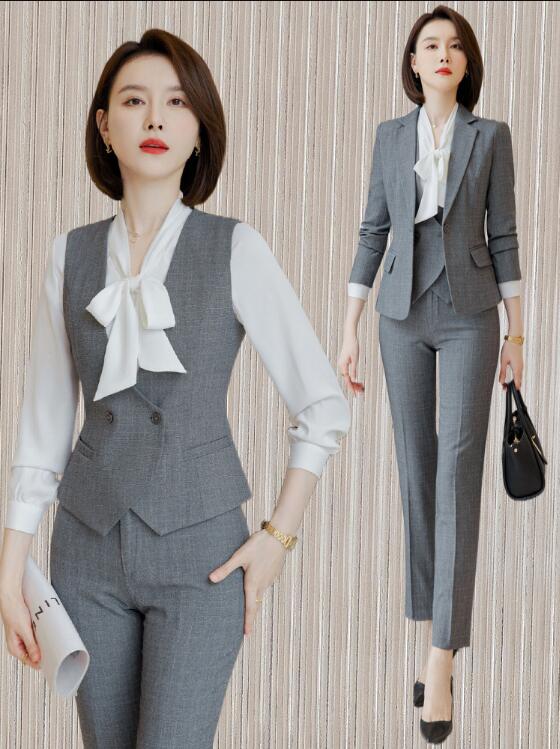 今だけ！グレー灰色 長袖ジャケット+パンツ＋ベスト/スカート 通勤 OL テーラード フォーマル レディーススーツ 3点セット パンツ スーツ スカートセット スカートスーツ 5号-17号 S～4XL