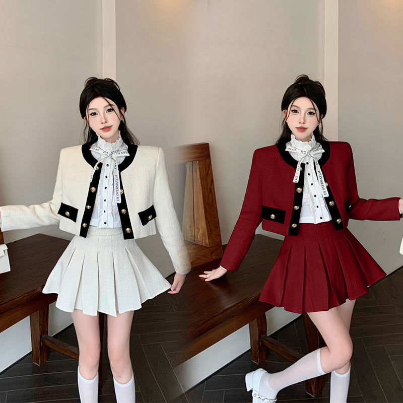 秋冬レディースシスタースーツ小さめツイードコントラストショートコート年齢軽減スカート2点セット