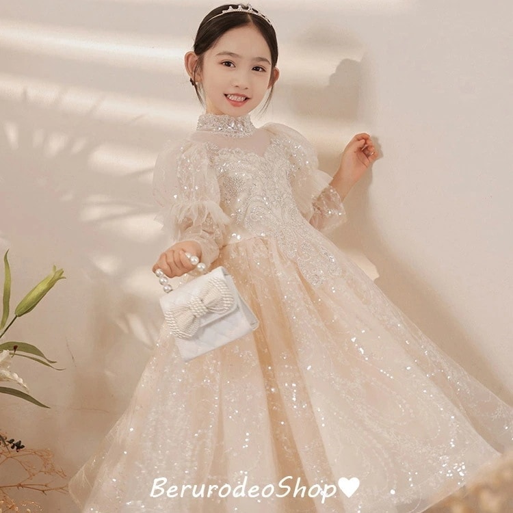 子供ドレス ロングドレス ピアノ発表会 シャンパン色 スパンコール キラキラドレス 女児ドレス 立ち襟 パフスリーブ 可愛い 演奏会ドレス 女の子 プリンセスドレス キッズドレス 長袖 子供ピアノ用