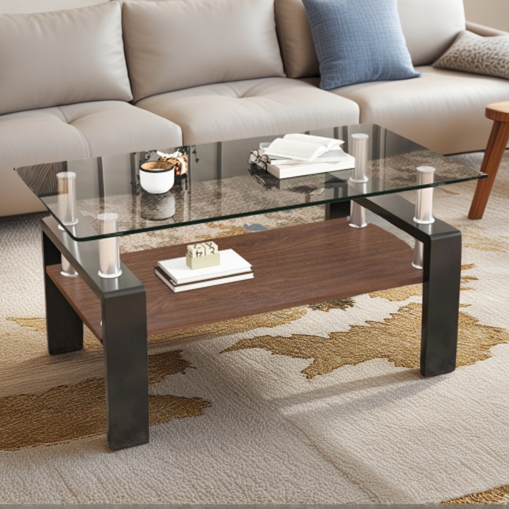 モダンガラステーブル 3段デザイン モダン長方形コーヒーテーブル 強化ガラス天板+MDF収納棚 リビング用 ローテーブル センターテーブル