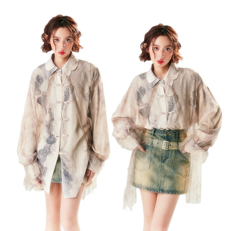 チャイナ風シャツ ブラウス レディース 長袖 ロングシャツ 植物染め オリジナル 重ね着風 チュール ダブル襟 個性的