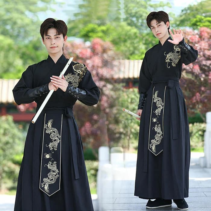チャイナ服 コスプレ衣装 メンズ 漢服 上下セット 龍刺繍 中華服 交差襟トップス スカート 袖カバー 美しい刺繍 華流舞台衣装 唐装漢服 文化祭 学園祭 イベント衣装 ペアルック 撮影衣装 コスチュ