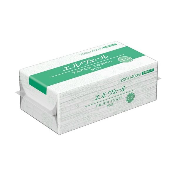エルヴェール ペーパータオルエコ ダブル 中判 200組/パック 1セット（30パック）
