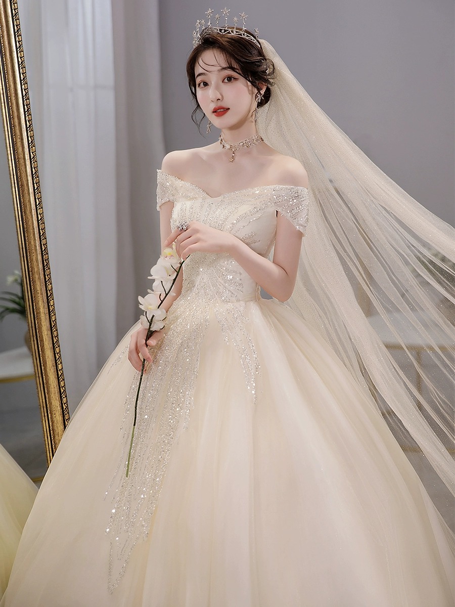 ワンショルダー ウェディングドレス 2024 新作 ブライダル メインヤーン 上質な風合い プリンセス ウエディングドレス プチ