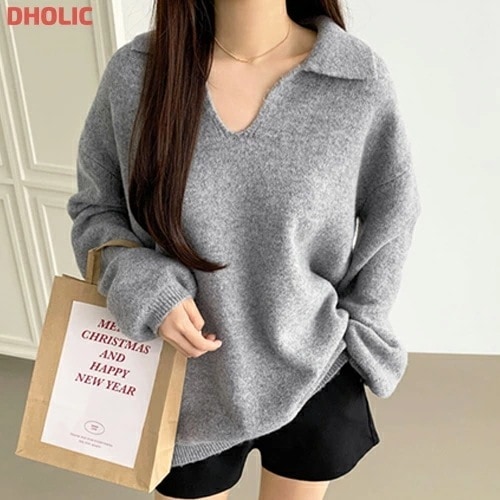 カラーVネックルーズ長袖ニット・1933887