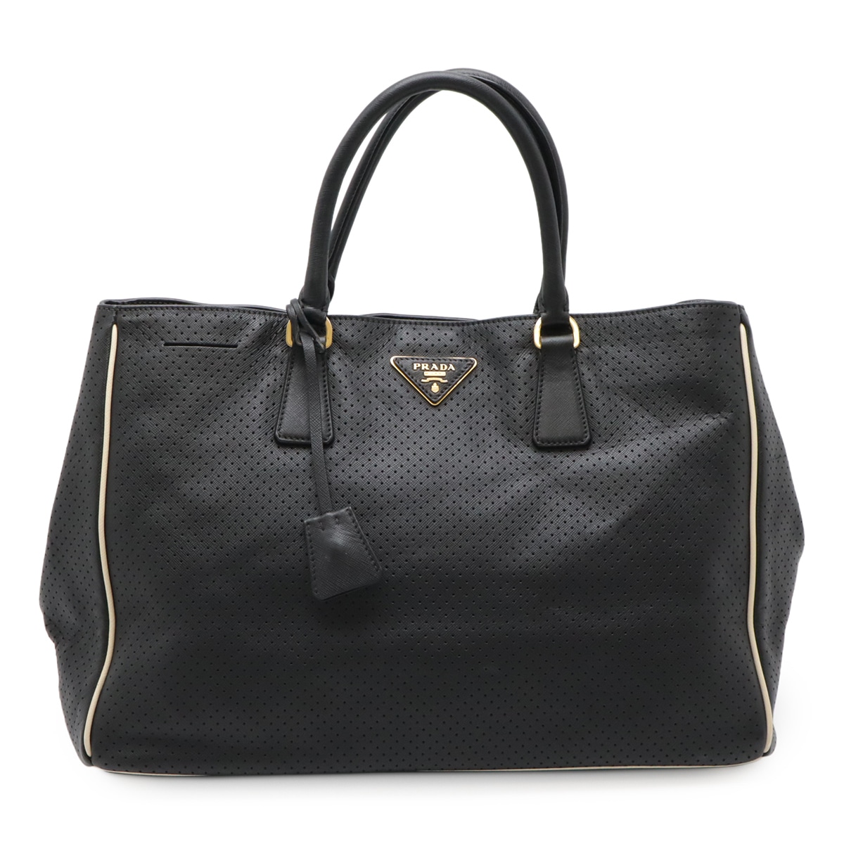 パンチング トライアングルロゴ ロゴプレート ハンドバッグ トートバッグ レザー NERO ブラック ゴールド金具