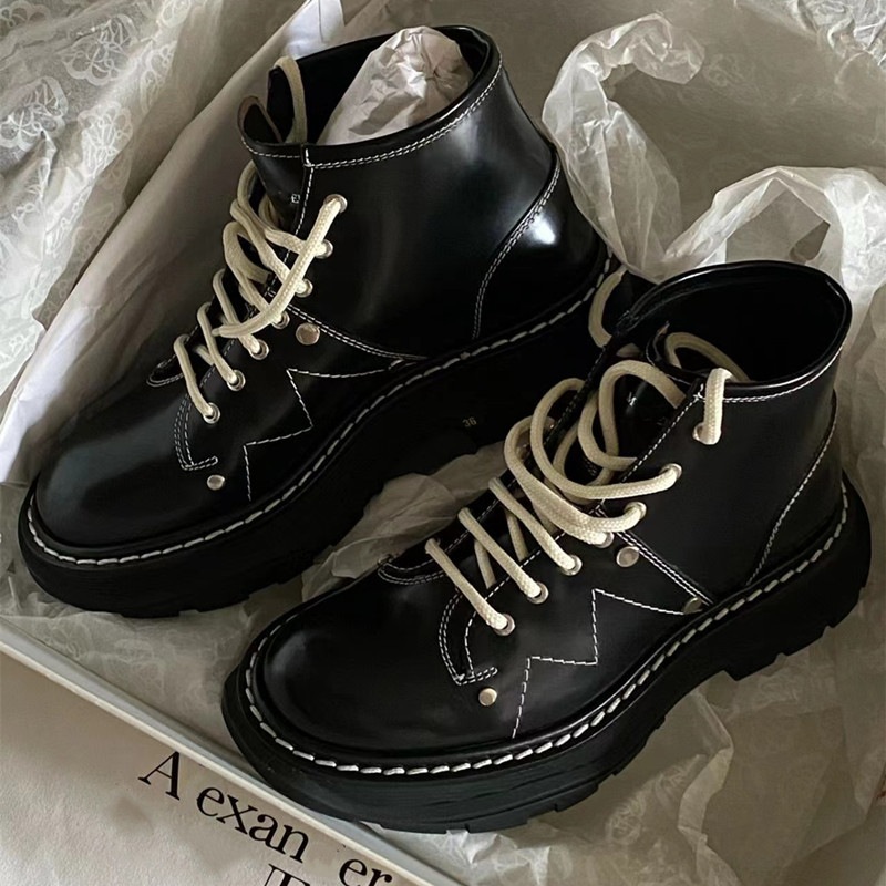 女性用イーンショートブーツのハイバージョン本革脚見せスリムショートブーツローシンプルブーツフロント編み上げナイトブーツ