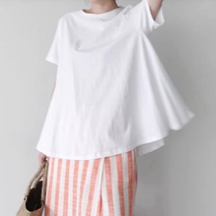 レディース トップス プルオーバー Tシャツ 半袖 ラウンドネック 襟なし ワイド 裾ワイド お腹カバー かわいい 大人可愛い きれいめ シンプル カジュアル おしゃれ レトロ こなれ感 ラフ