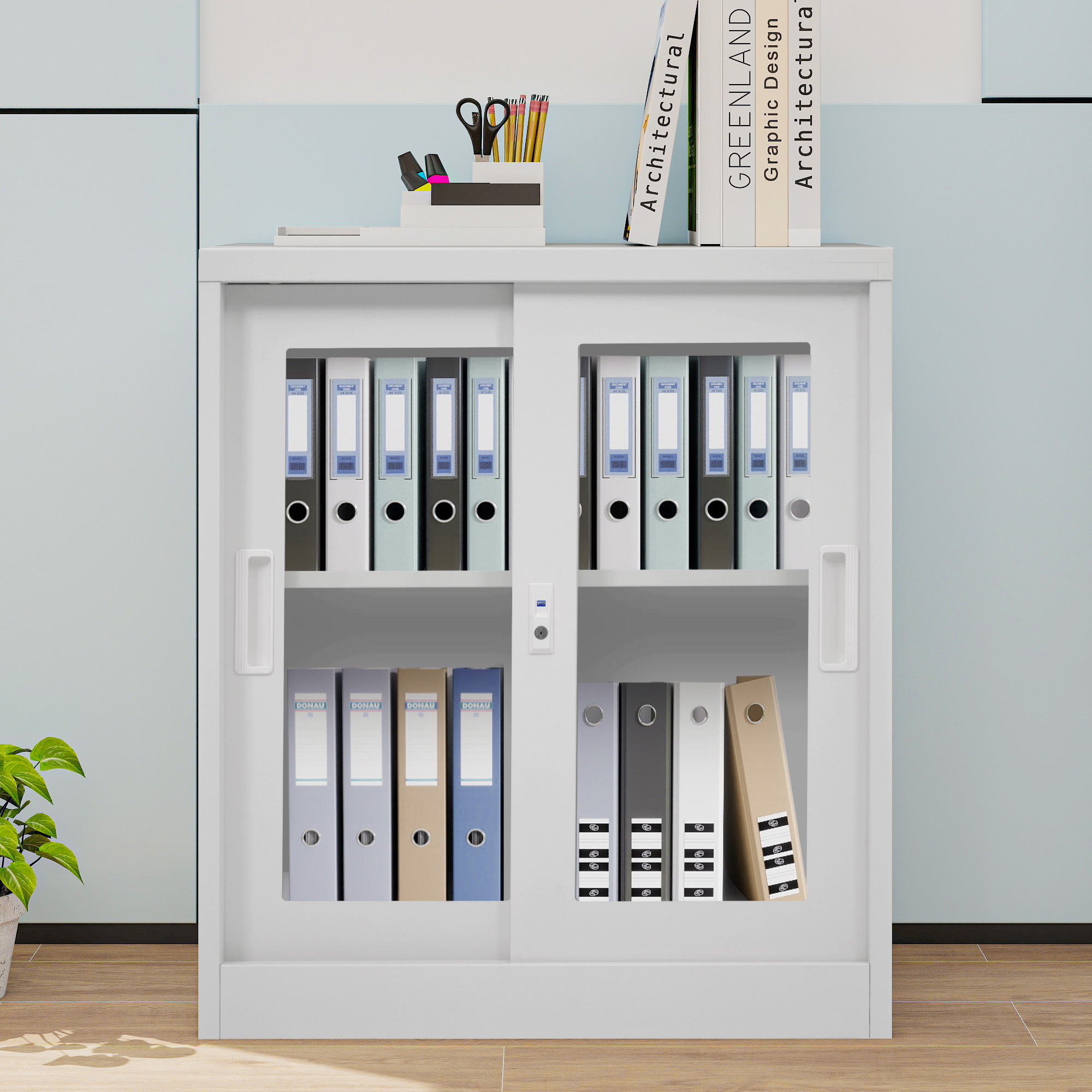 468スチール書庫 引き戸タイプ 書類保管庫 保管庫 収納 オフィス 事務所 更衣室 学校 業務用 書庫 おしゃれ キャビネット スチールキャビネット ベース付き 可動棚 A4対応 日本語説明書付き