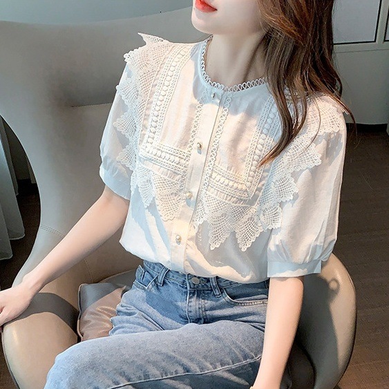 トップス ブラウス 5分袖 クルーネック 刺繡 レース プルオーバーミディアム丈 かわいい 大人可愛い きれいめ シンプル 上品 おしゃれ かっこいい カジュアル こなれ感 個性的 主役級 存在感