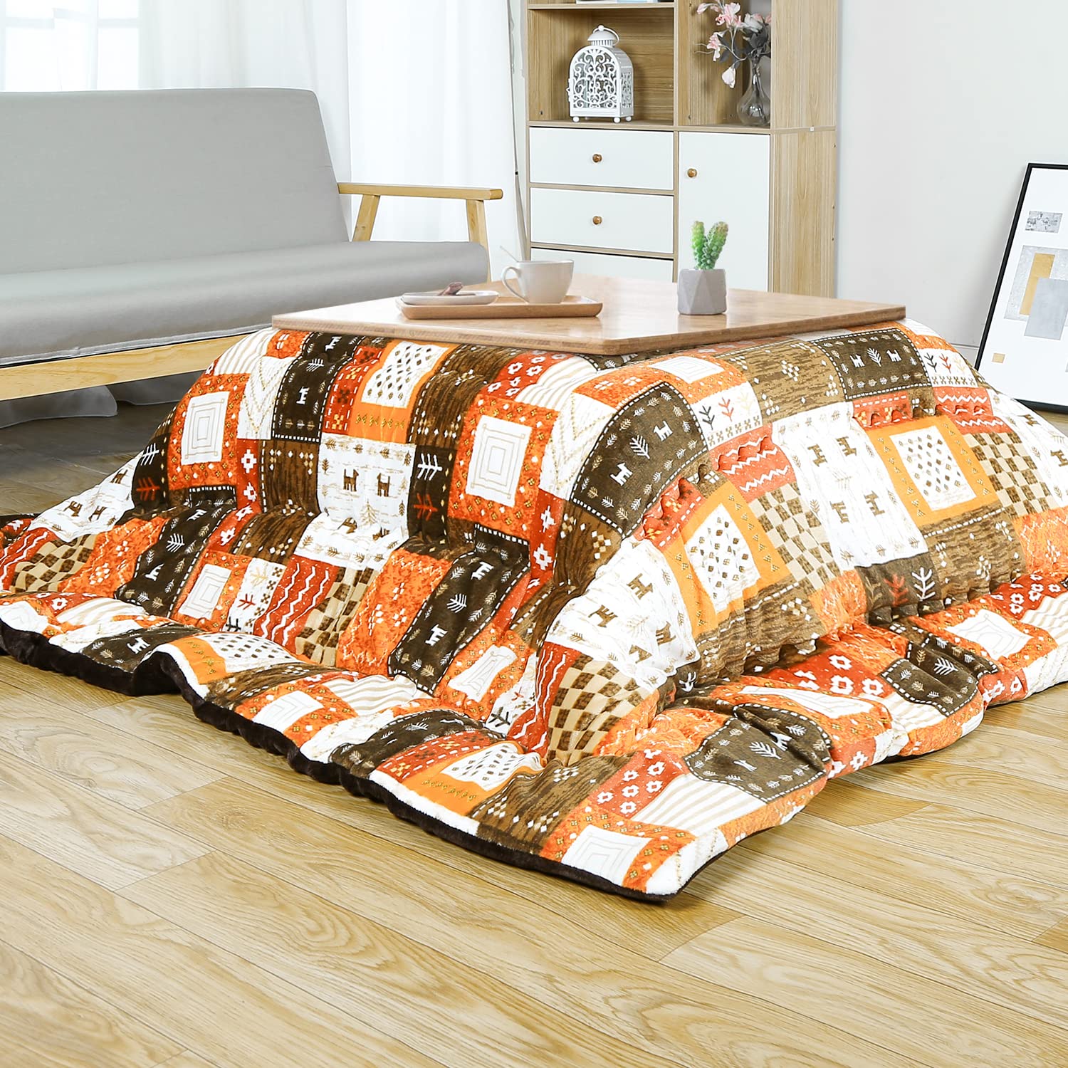 JEMAジェマ こたつ布団 こたつ厚掛け布団 掛け布団単品 リバーシブル 両面使える フランネル 発熱綿使用 保温性 丸洗いOK 毛抜けない ギャベ オレンジ 185x185cm