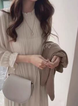 ワンピース レディース ミモレ 長袖 フリル袖 カシュクール ハイネック ウエストリボン かわいい 大人可愛い きれいめ シンプル カジュアル 上品 おしゃれ ガーリー かっちり ラブリー キュート