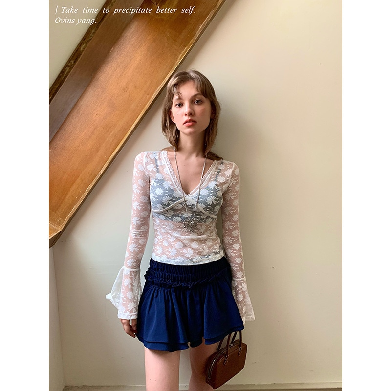 Ovinsyang 菊レーストップス女性用夏甘い長袖ハイエンドシースルーメッシュブラウスシフォンシャツ